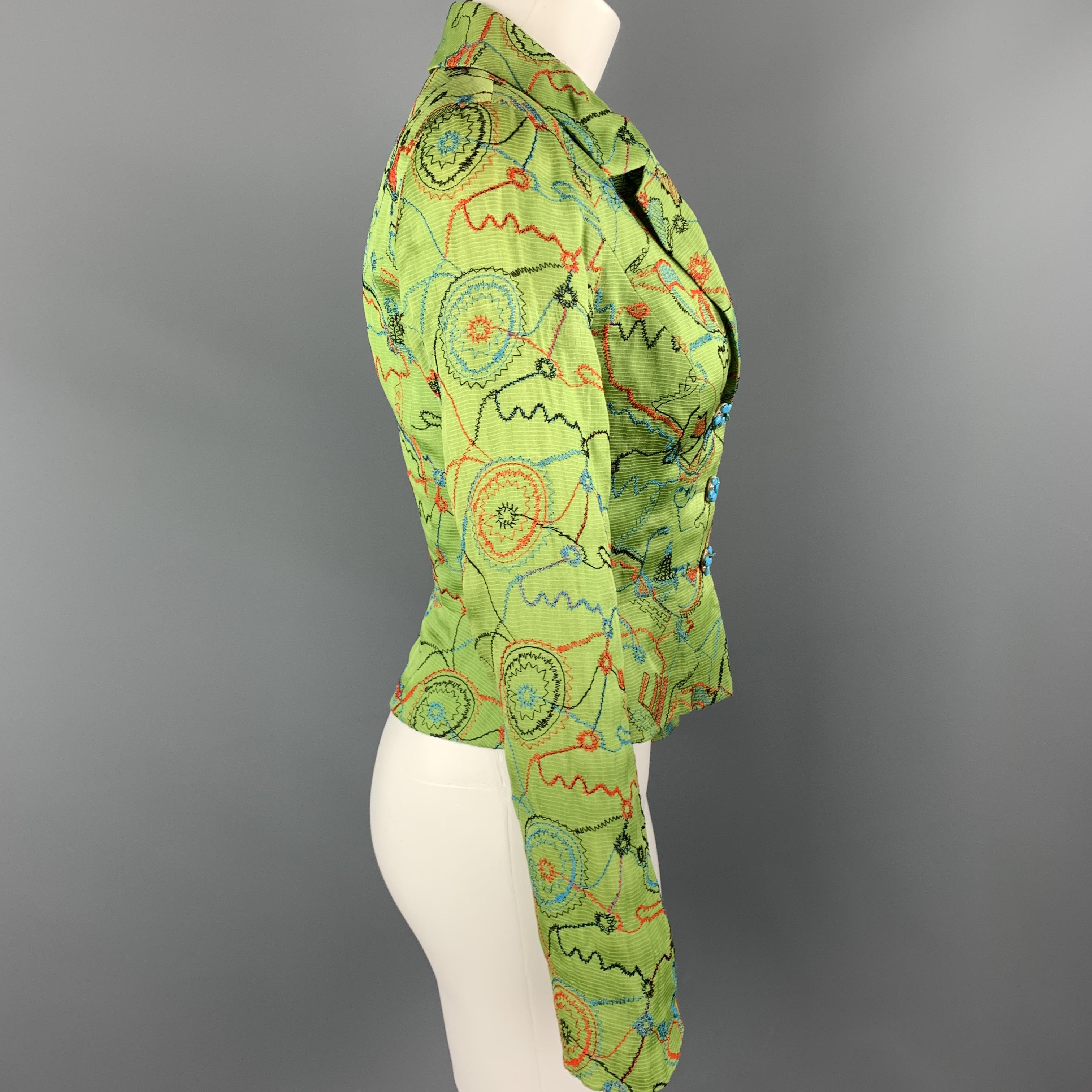 CHRISTIAN LACROIX Size 4 Green Silk Blend Embroidered Turquoise Button Blazer 1