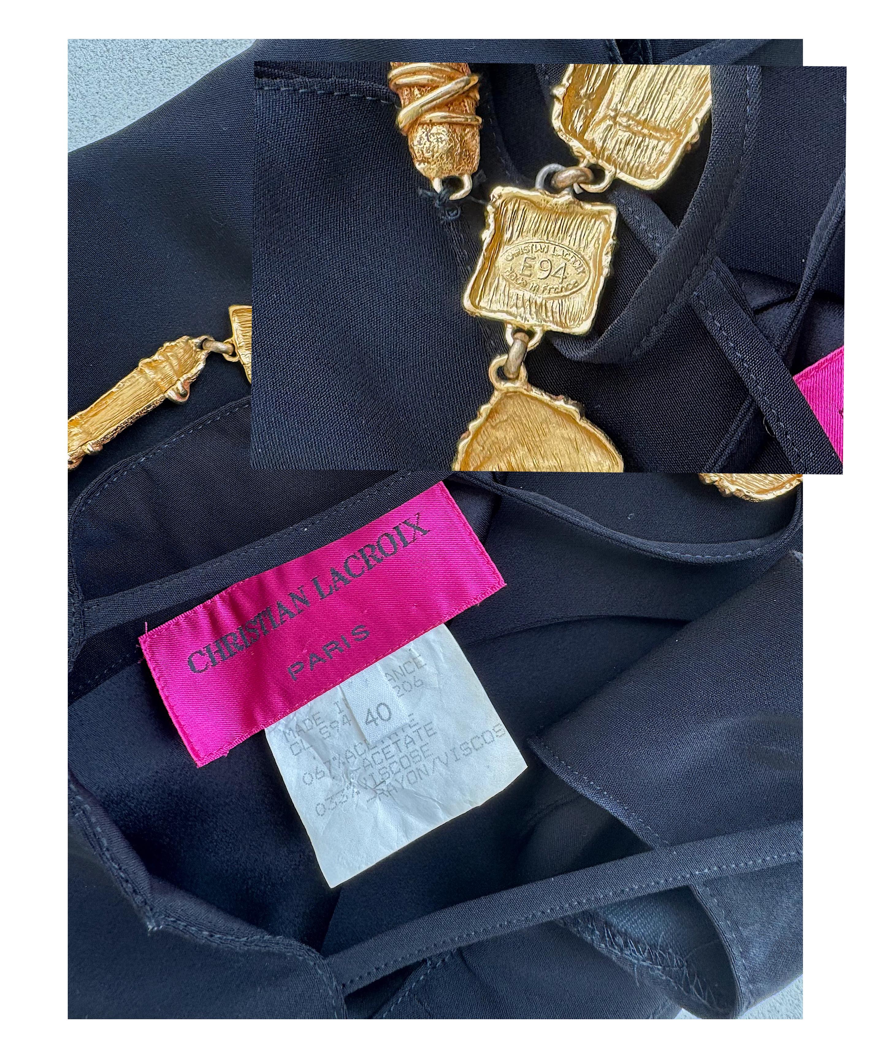 Christian Lacroix SS 1994 Black Dress Attached Signed Gold Jewelry Embellishment For Sale 9