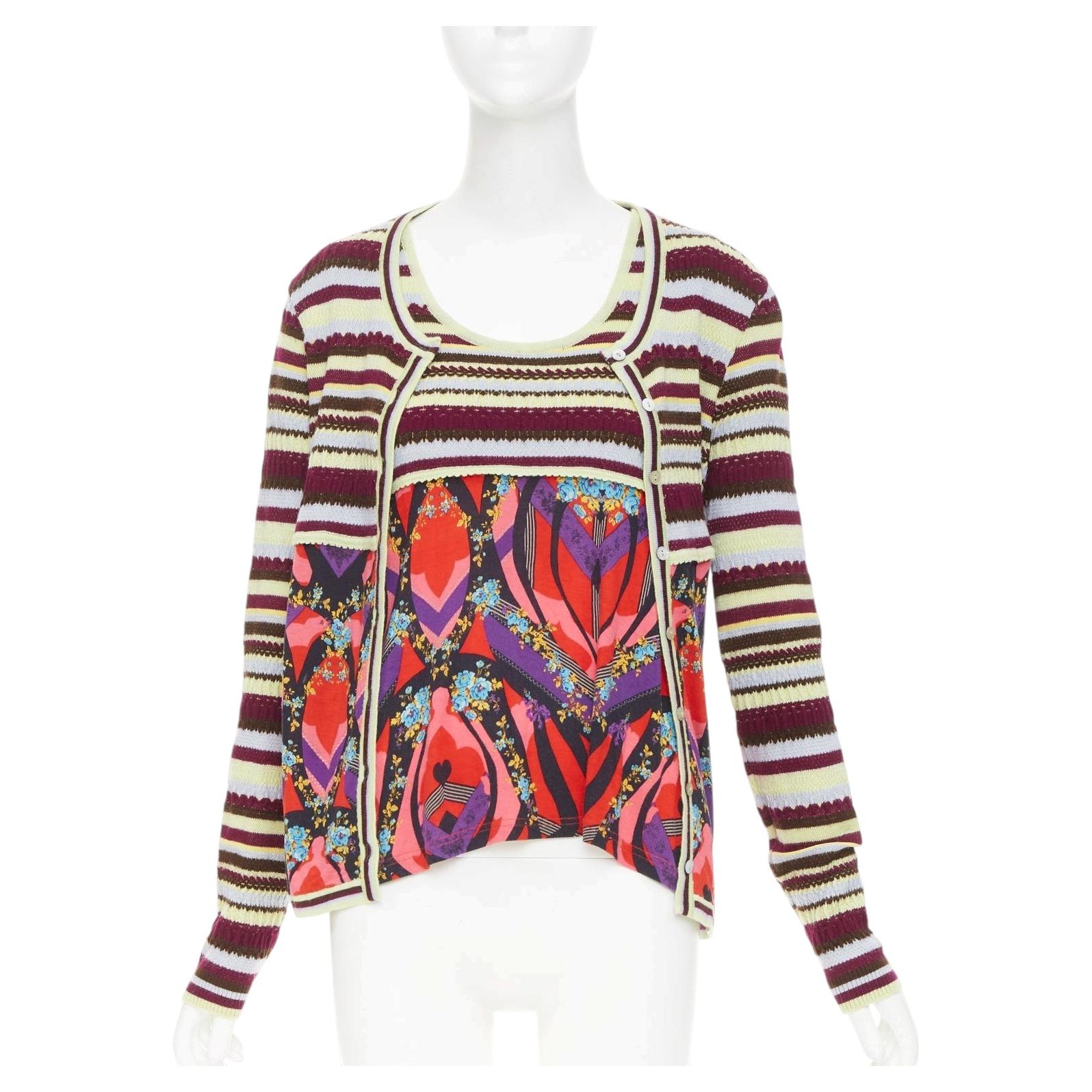 Pre-owned Christian Lacroix Stripe Kaleidoscope Print Knit Twin Set Floral Cardigan Top Xl In Beige