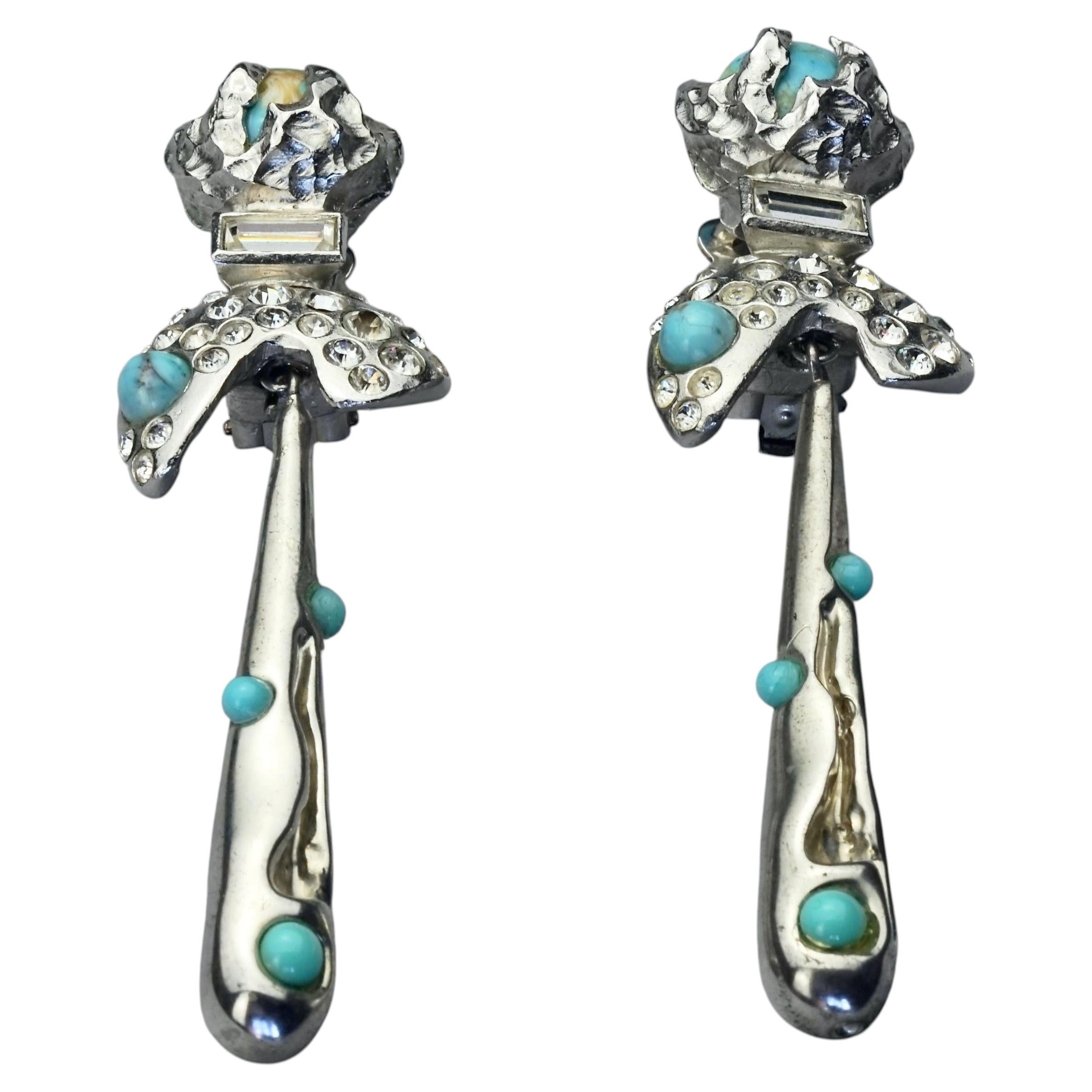 CHRISTIAN LACROIX Turquoise Cabochon Rhinestones Jewelled Drop Silver Earrings