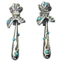CHRISTIAN LACROIX Turquoise Cabochon Rhinestones Jewelled Drop Silver Earrings