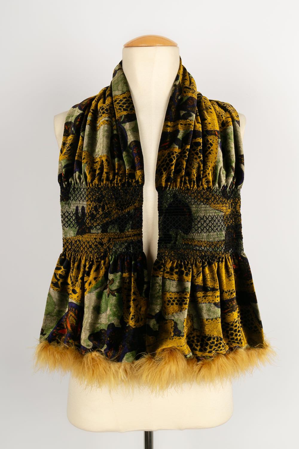 Black Christian Lacroix Velvet Scarf in Shades of Green and Yellow For Sale