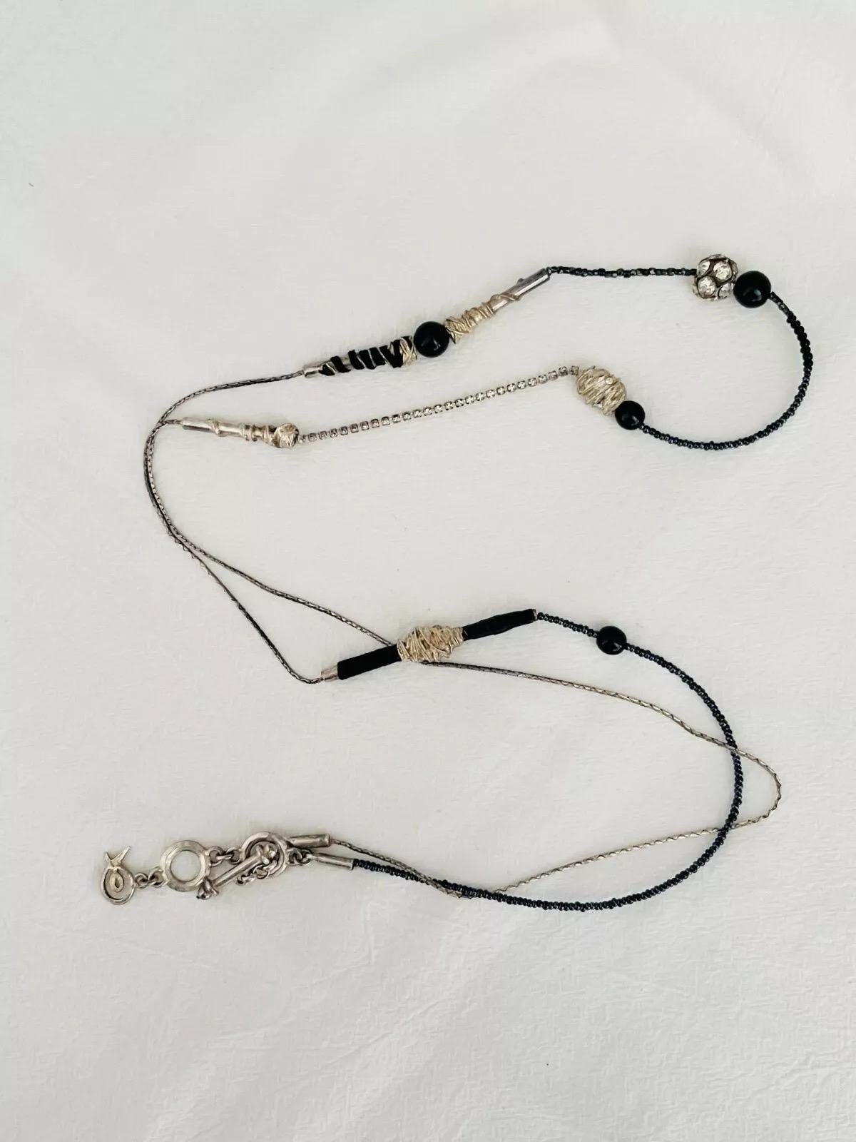 Christian Lacroix Vintage 1980s Asymmetric Black Crystals Silver Long Necklace 5