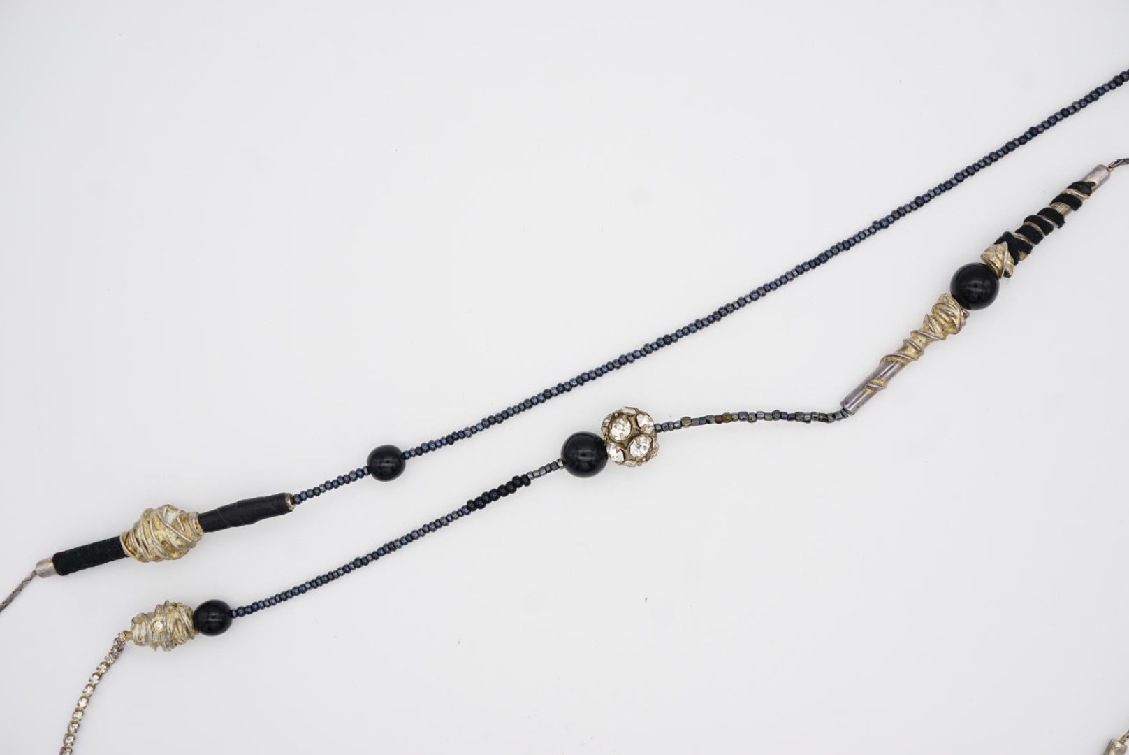 Christian Lacroix Vintage 1980s Asymmetric Black Crystals Silver Long Necklace For Sale 5