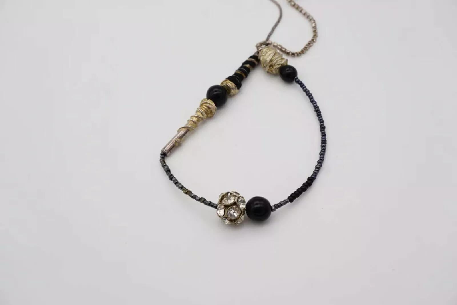 Christian Lacroix Vintage 1980s Asymmetric Black Crystals Silver Long Necklace For Sale 8