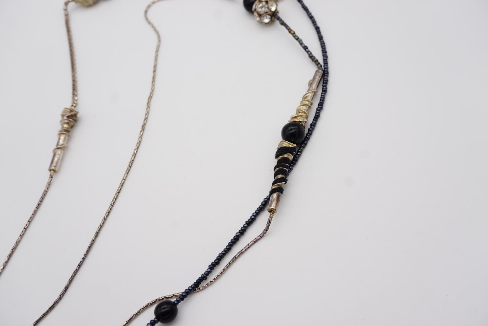 Christian Lacroix Vintage 1980s Asymmetric Black Crystals Silver Long Necklace 10