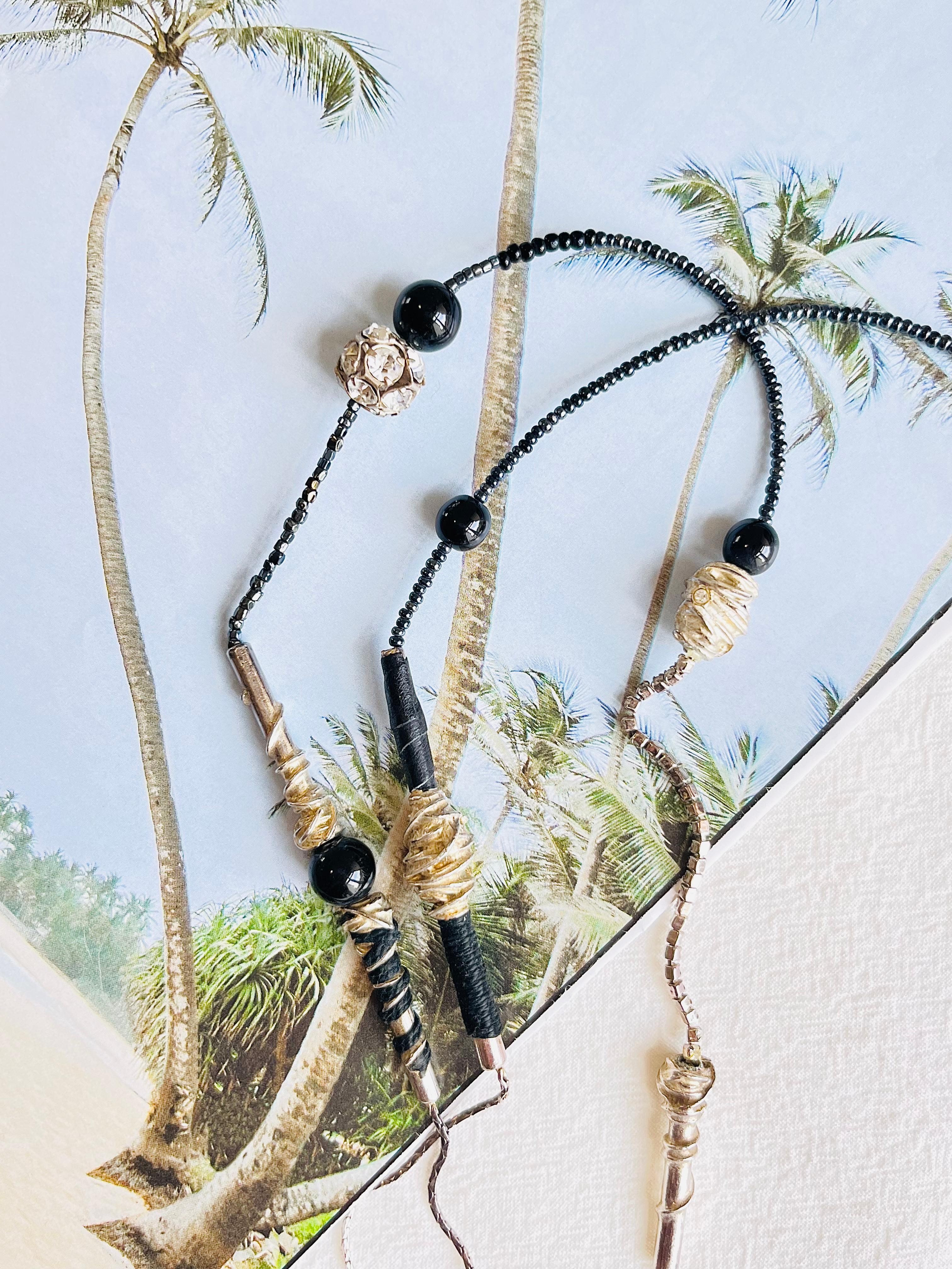 Christian Lacroix Vintage 1980s Asymmetric Black Crystals Silver Long Necklace In Good Condition In Wokingham, England