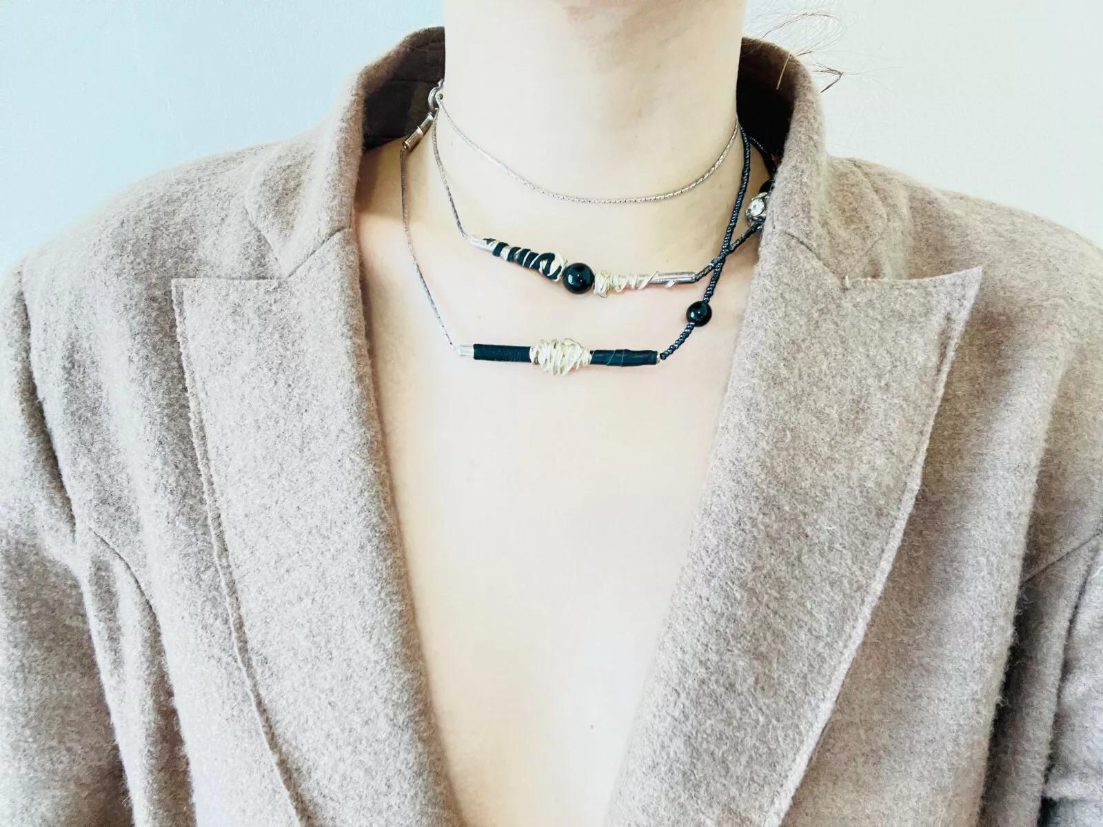 Christian Lacroix Vintage 1980s Asymmetric Black Crystals Silver Long Necklace For Sale 1