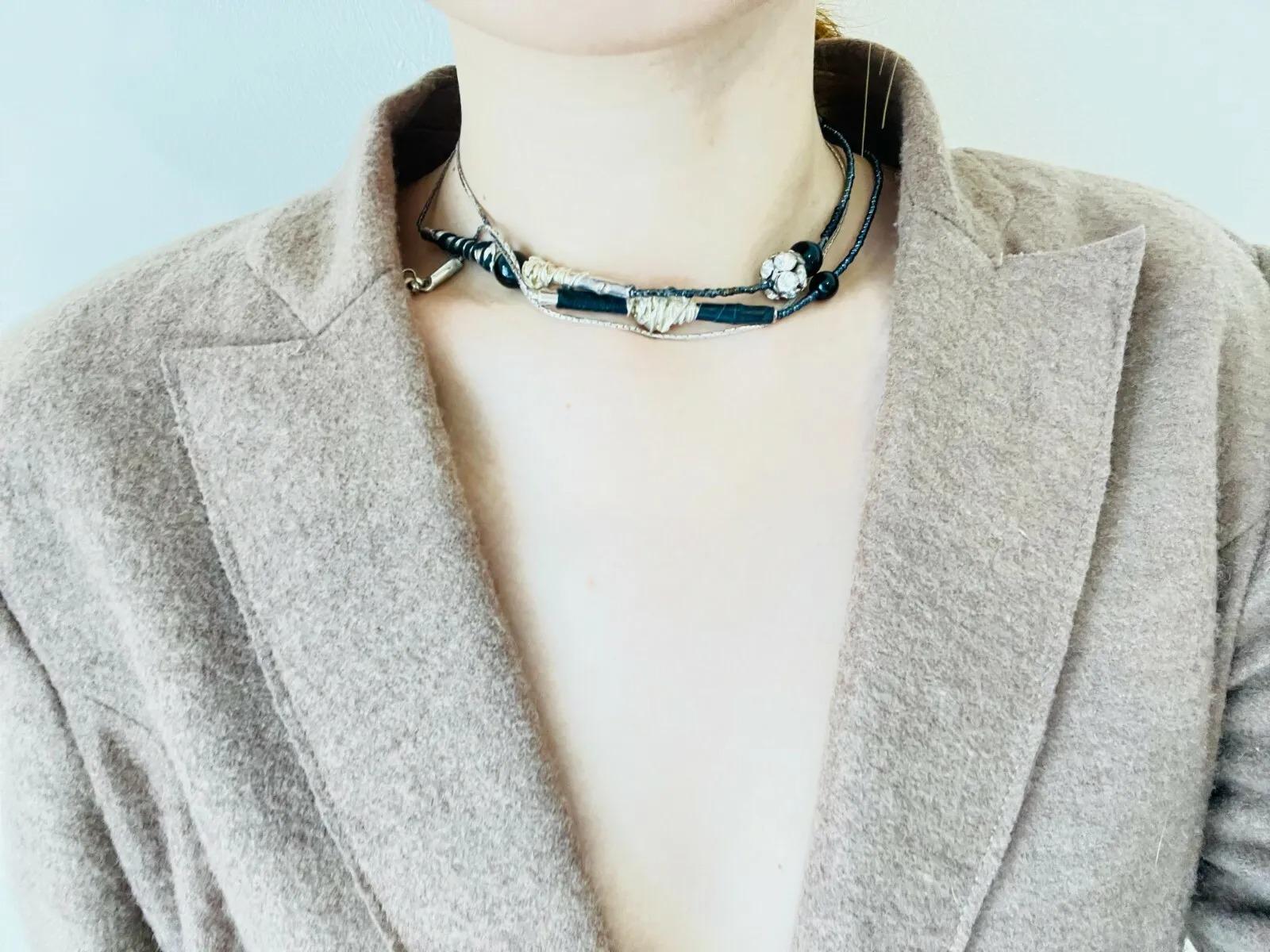 Christian Lacroix Vintage 1980s Asymmetric Black Crystals Silver Long Necklace For Sale 2