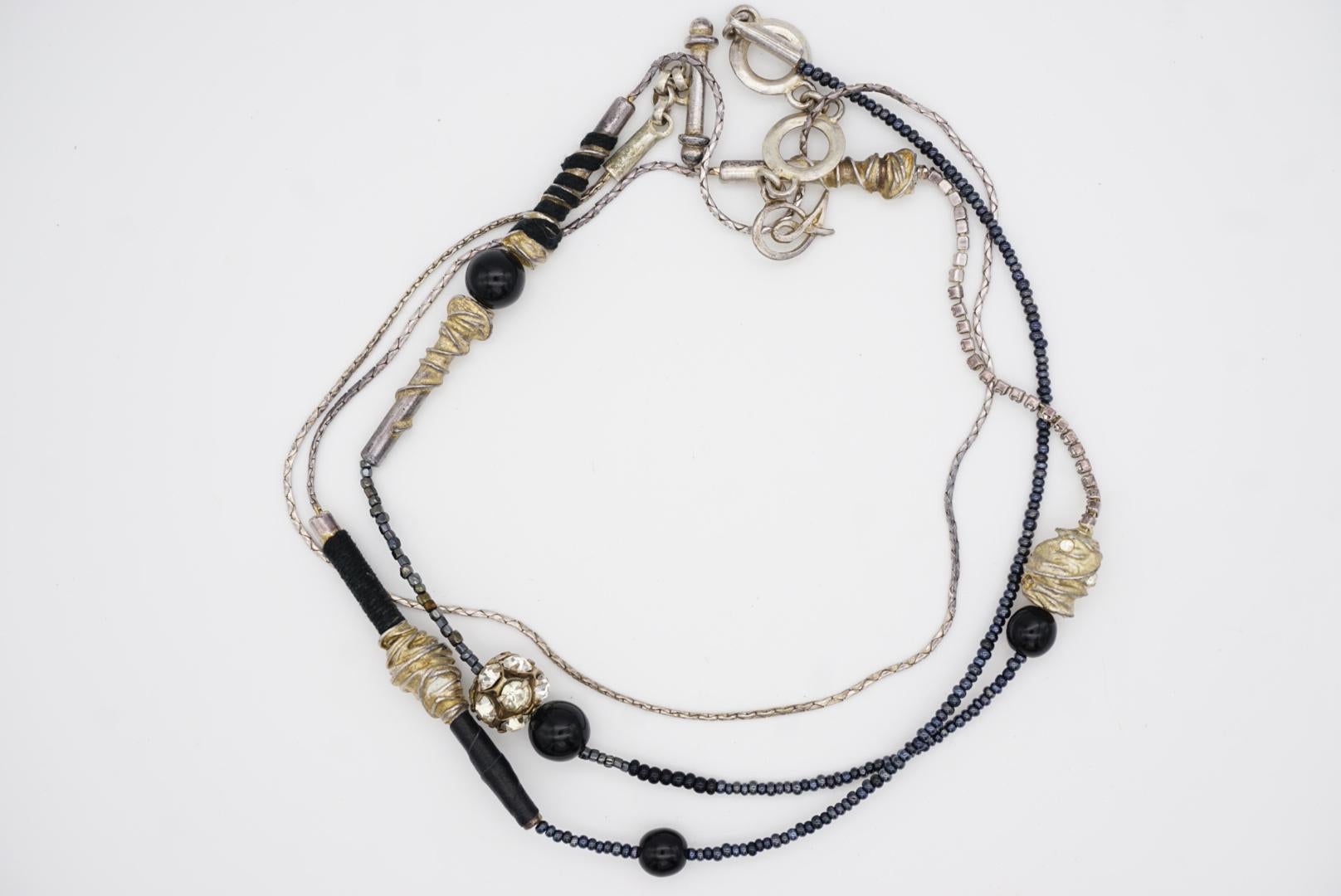 Christian Lacroix Vintage 1980s Asymmetric Black Crystals Silver Long Necklace For Sale 4