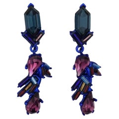Christian Lacroix Vintage 1980s Blue Purple Iridescent Crystals Drop Earrings