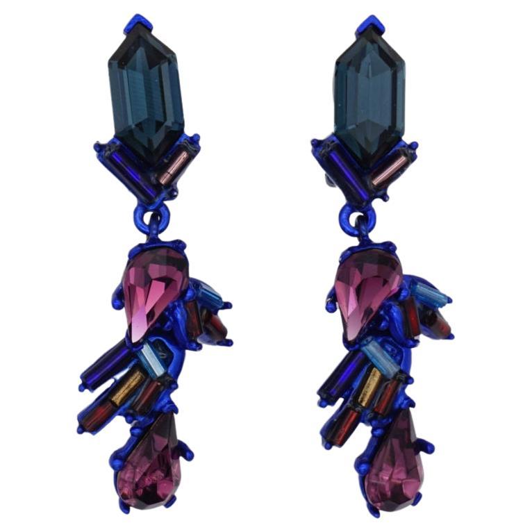 Christian Lacroix Vintage 1980s Blue Purple Iridescent Crystals Drop Earrings For Sale