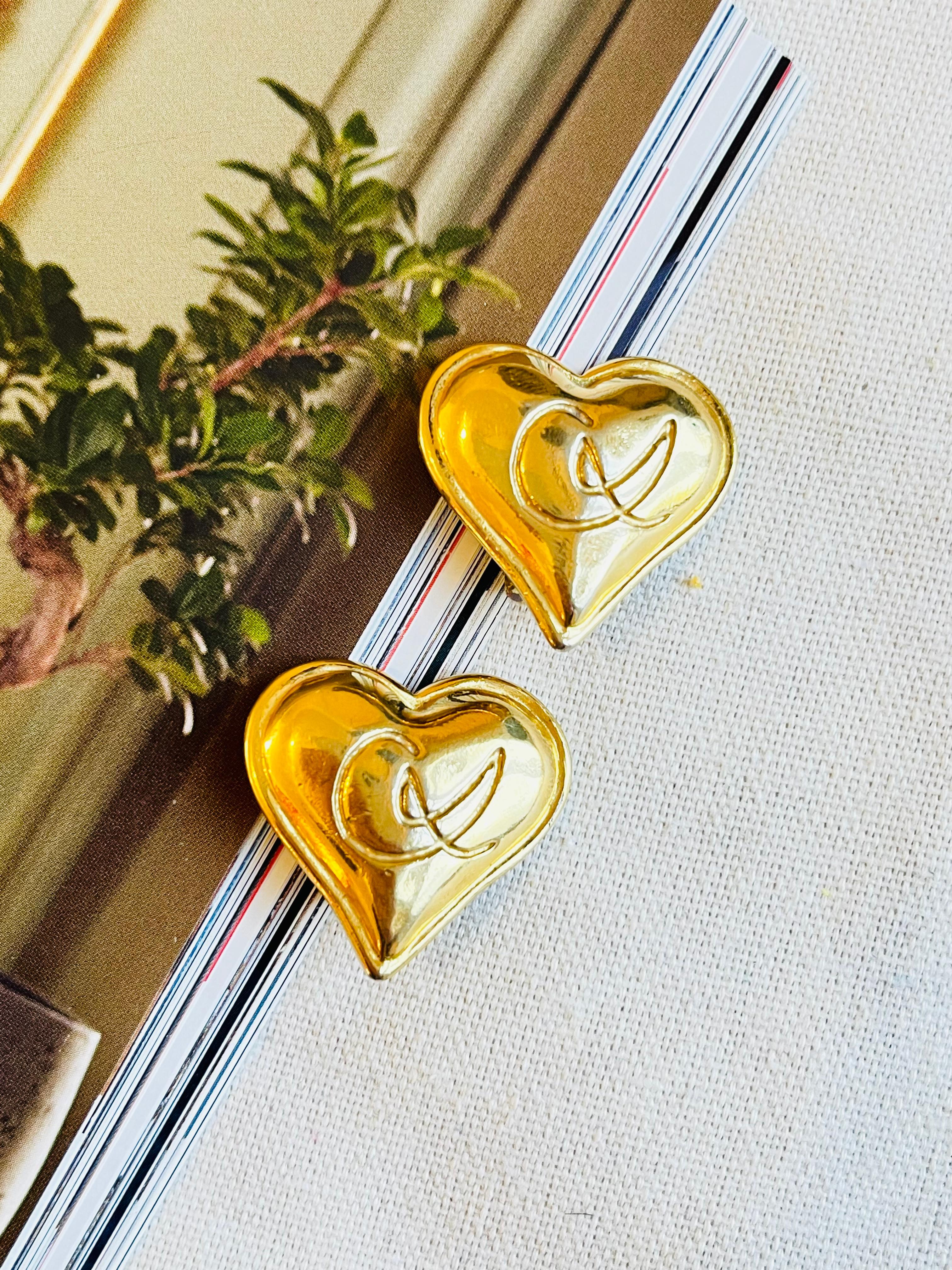 Art Nouveau Christian Lacroix Vintage 1980s Classic Logo Heart Love Gold Clip On Earrings