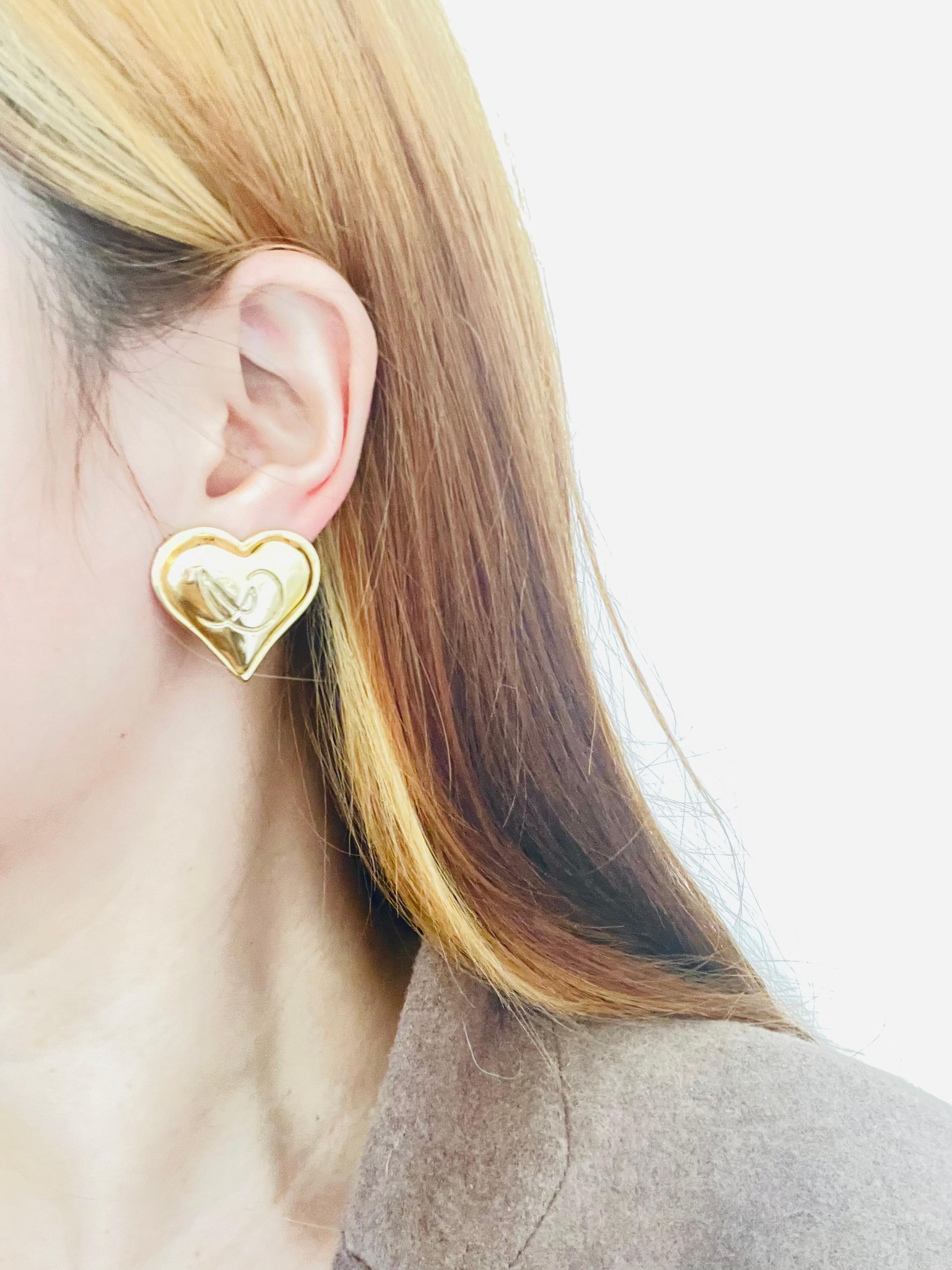 Christian Lacroix Vintage 1980s Classic Logo Heart Love Gold Clip On Earrings 1