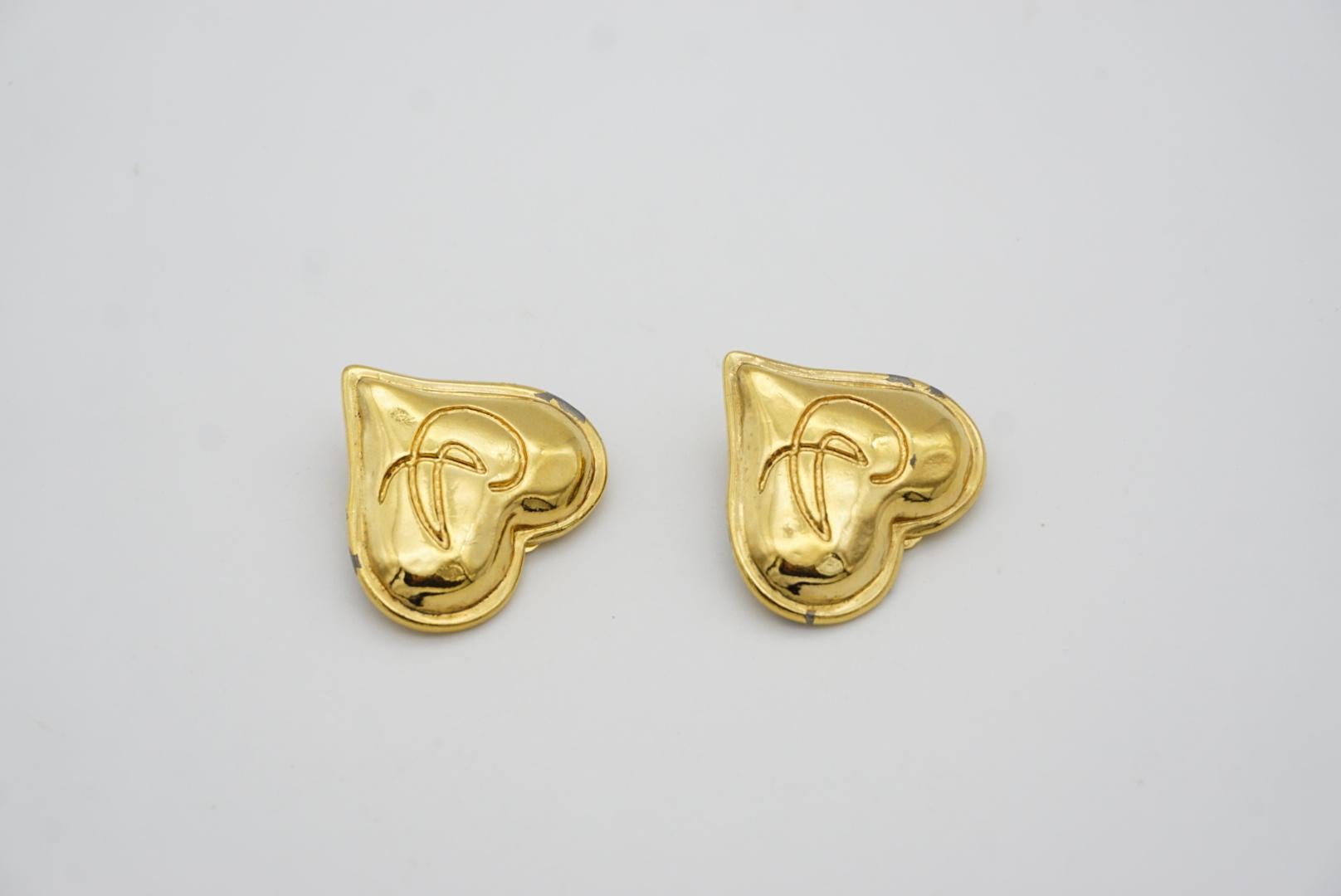 Christian Lacroix Vintage 1980s Classic Logo Heart Love Gold Clip On Earrings 2