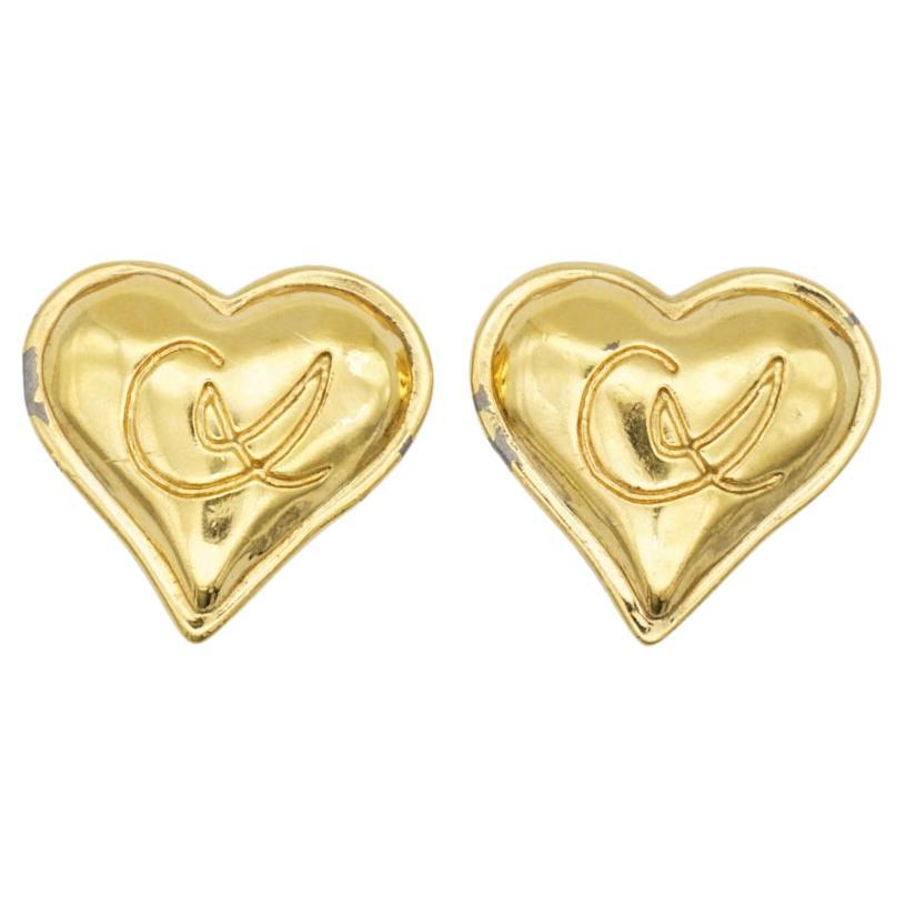 Christian Lacroix Vintage 1980s Classic Logo Heart Love Gold Clip On Earrings