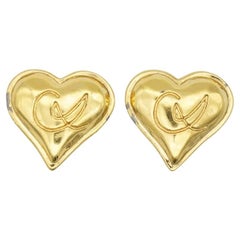 Christian Lacroix Vintage anni '80 Classico Logo Cuore Amore Orecchini a clip in oro