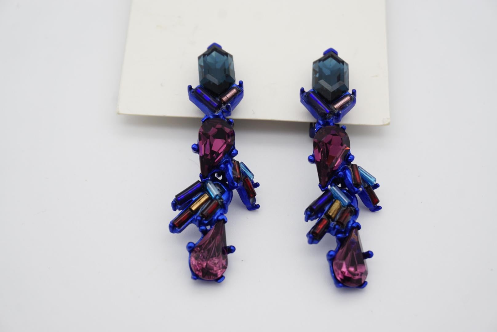 Christian Lacroix Vintage 1980s Crystals Navy Purple Iridescent Clip Earrings For Sale 5