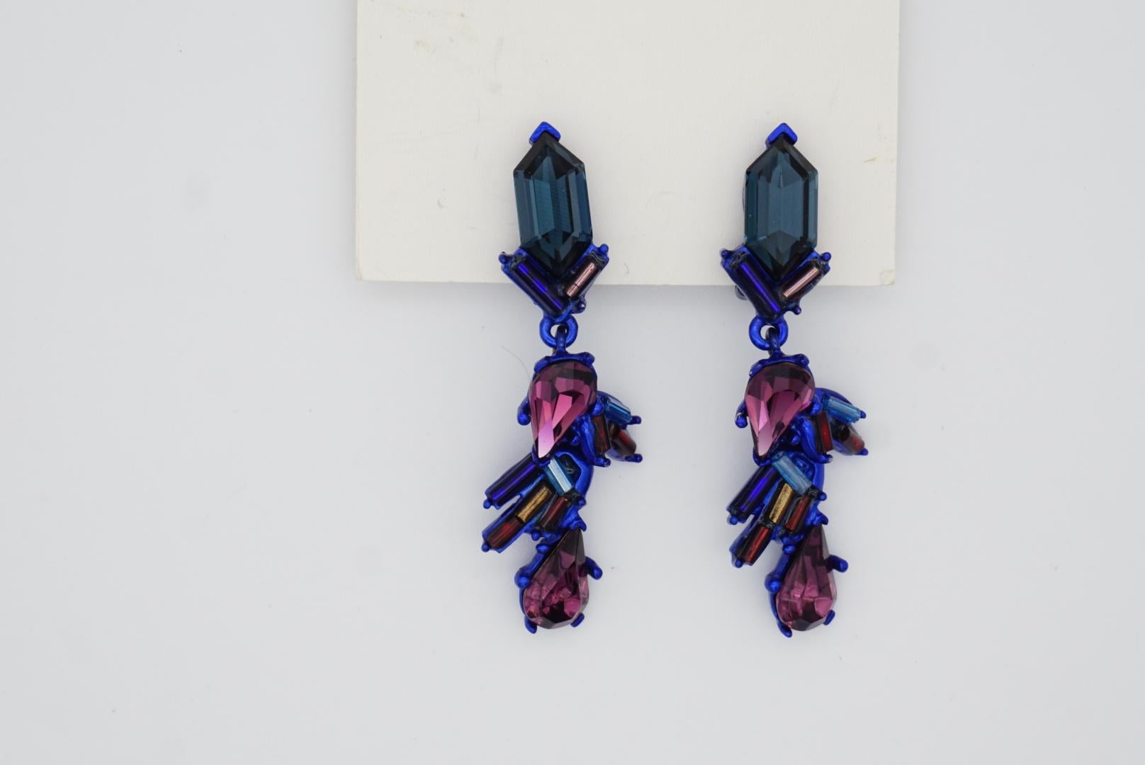 Christian Lacroix Vintage 1980s Crystals Navy Purple Iridescent Clip Earrings For Sale 2