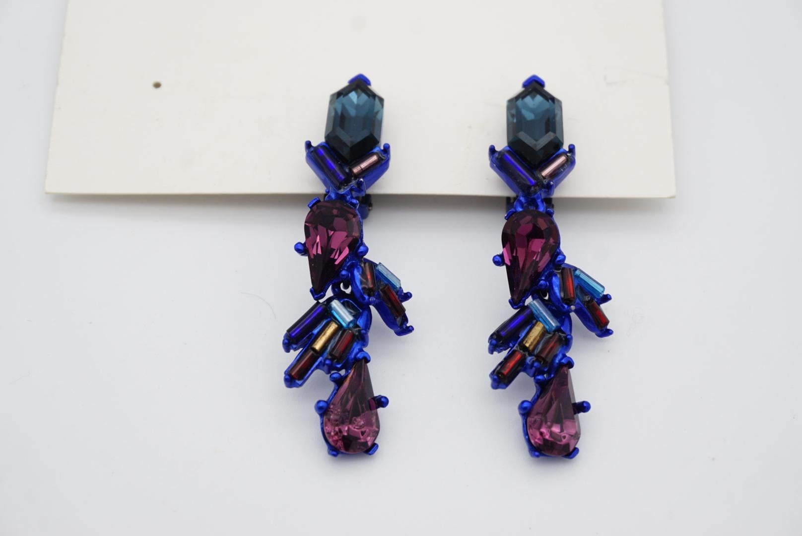 Christian Lacroix Vintage 1980s Crystals Navy Purple Iridescent Clip Earrings For Sale 3