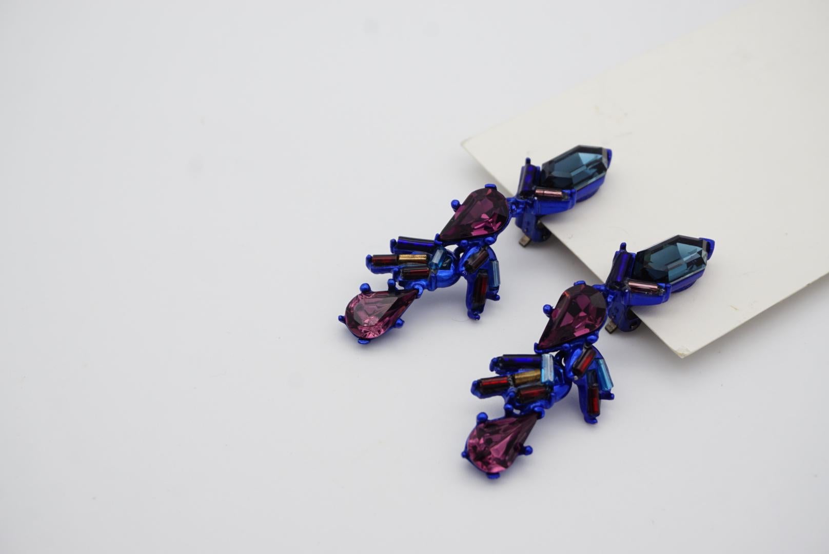 Christian Lacroix Vintage 1980s Crystals Navy Purple Iridescent Clip Earrings For Sale 4