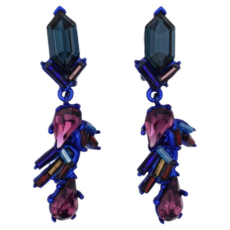 Christian Lacroix Vintage 1980s Crystals Navy Purple Iridescent Clip Earrings For Sale