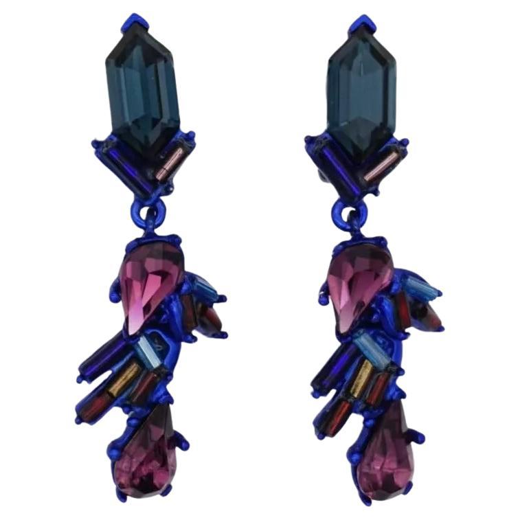 Christian Lacroix Vintage Años 80 Cristales Azul Marino Morado Iridiscente Pendientes de clip