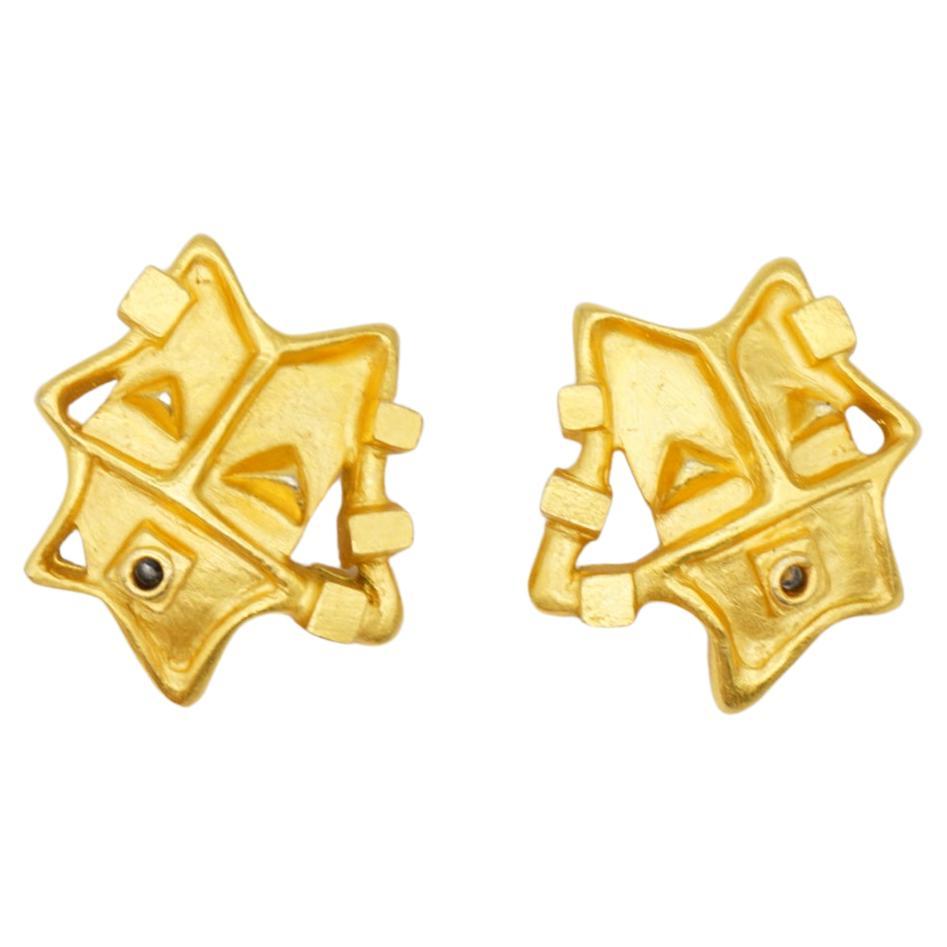 Christian Lacroix Vintage 1980s Geometric Face Smile Openwork Gold Clip Earrings For Sale