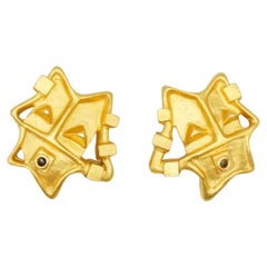 Christian Lacroix Vintage 1980s Gold Geometric Face Smile Openwork Clip Earrings