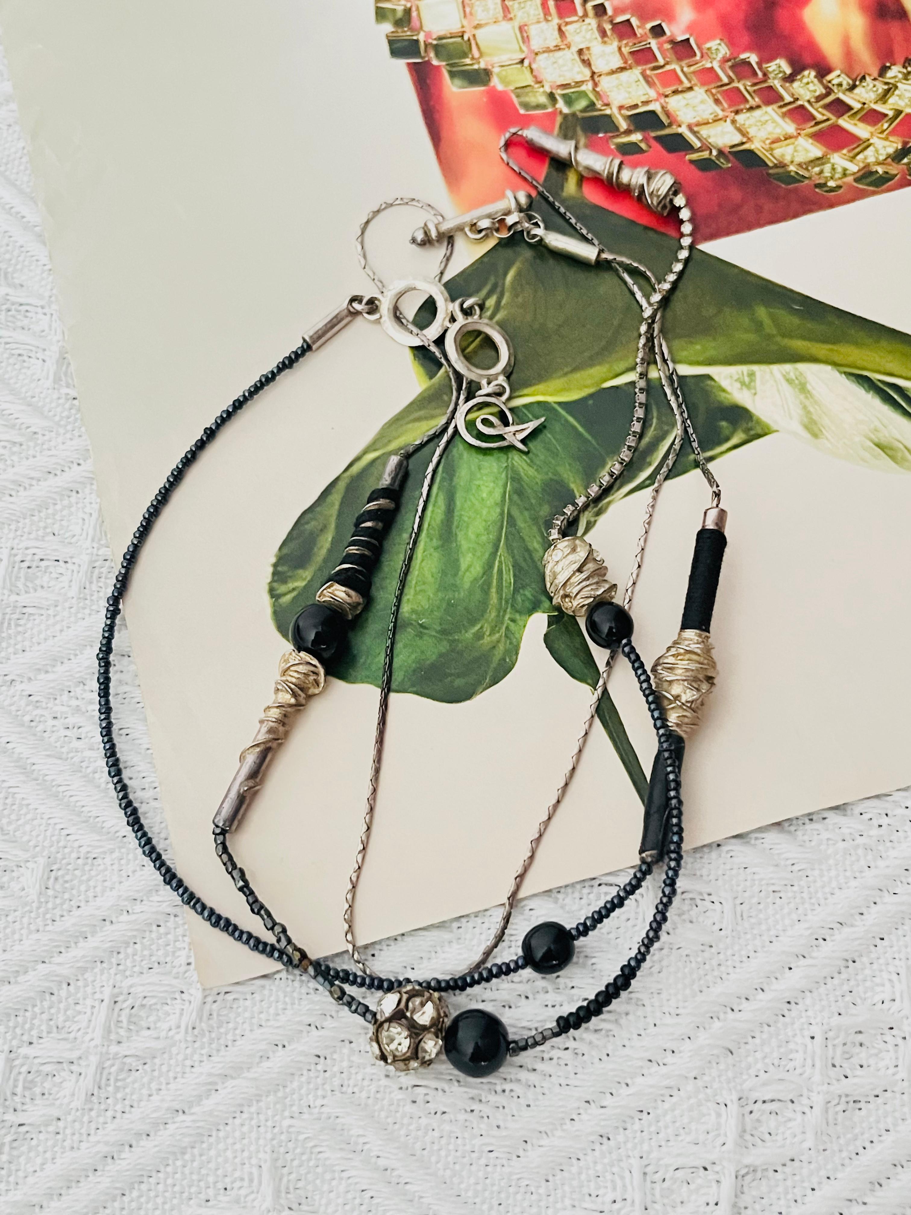 Art déco Christian Lacroix Vintage 1980 Masai Black Silver Beads Crystals Long Necklace en vente