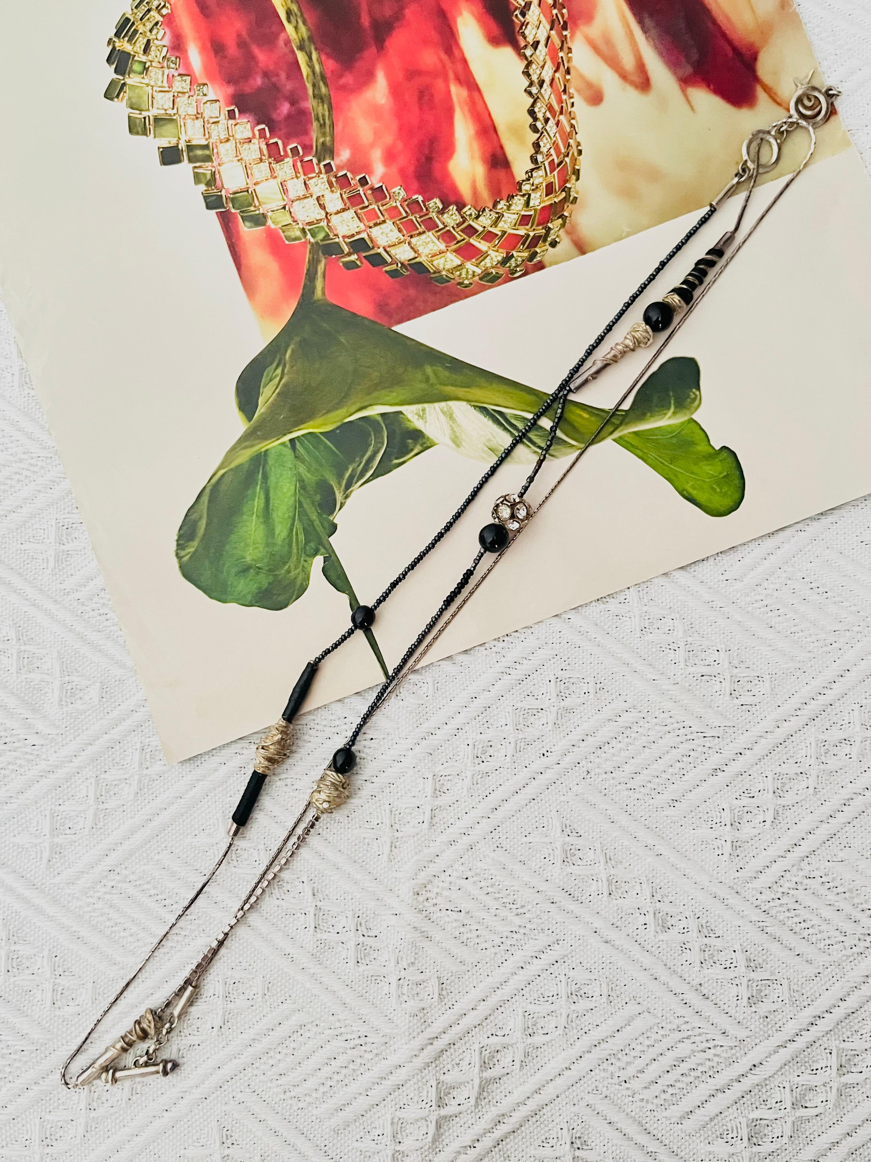 Christian Lacroix Vintage 1980 Masai Black Silver Beads Crystals Long Necklace Unisexe en vente