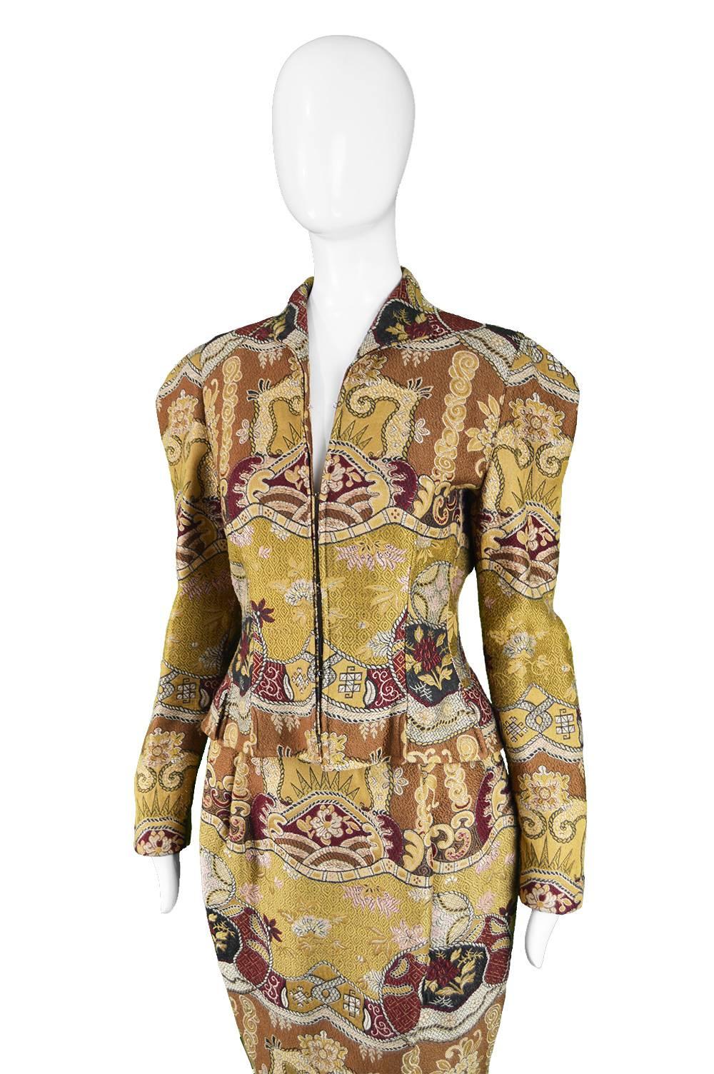 Brown Christian Lacroix Asian Patterned Vintage Jacquard Brocade Skirt Suit, 1990s  For Sale