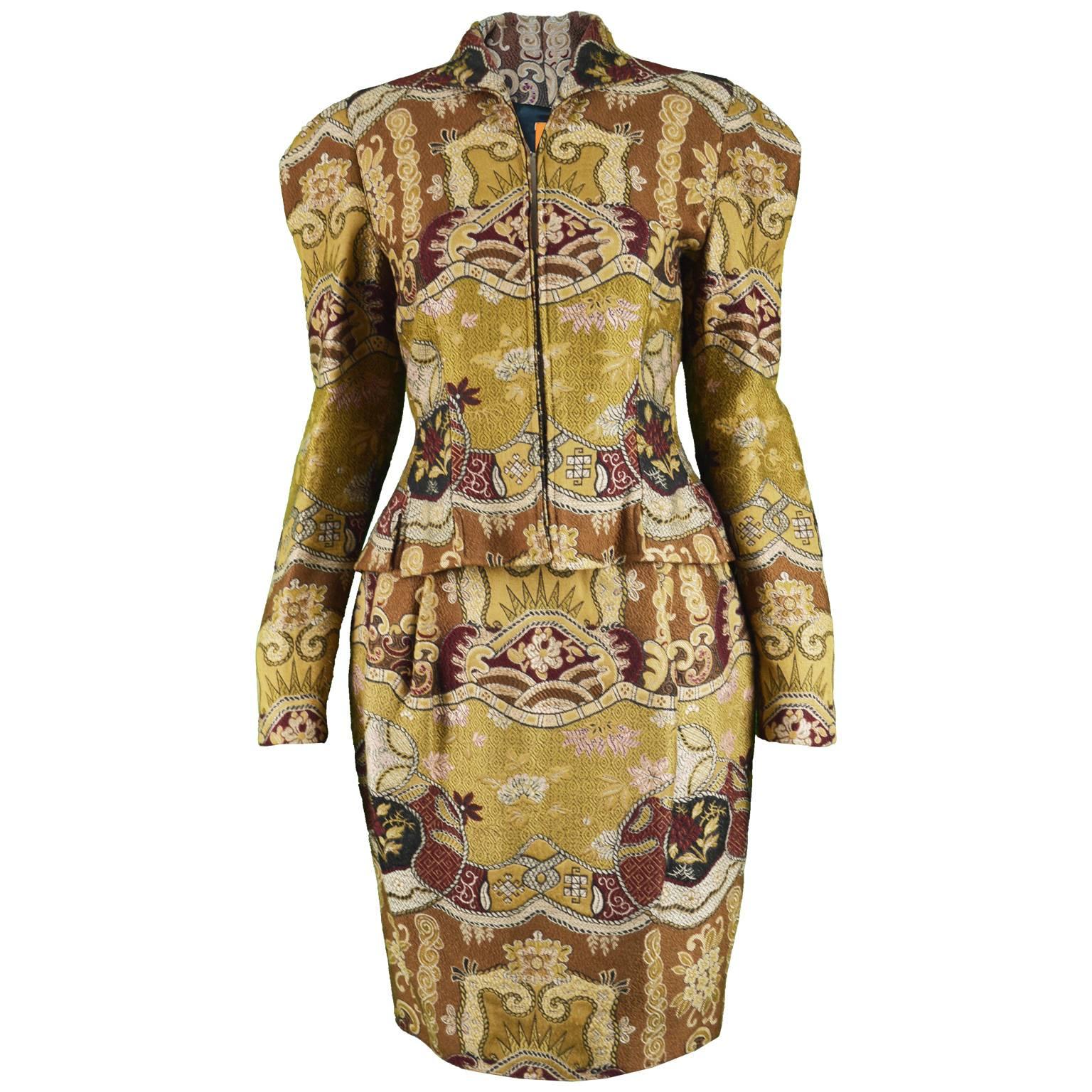Christian Lacroix Asian Patterned Vintage Jacquard Brocade Skirt Suit, 1990s 
