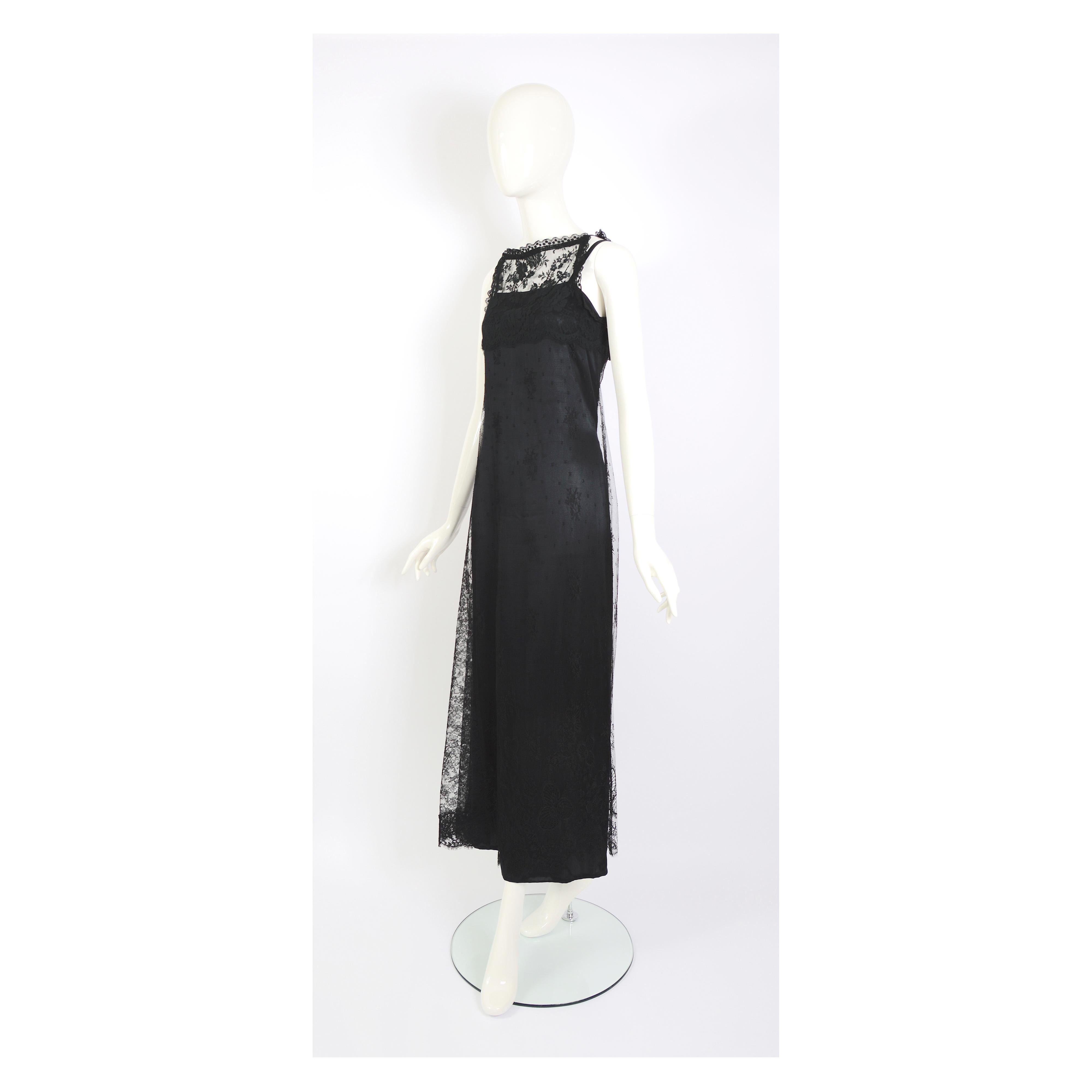 Christian Lacroix vintage 1990s black French Chantilly lace silk long dress For Sale 3