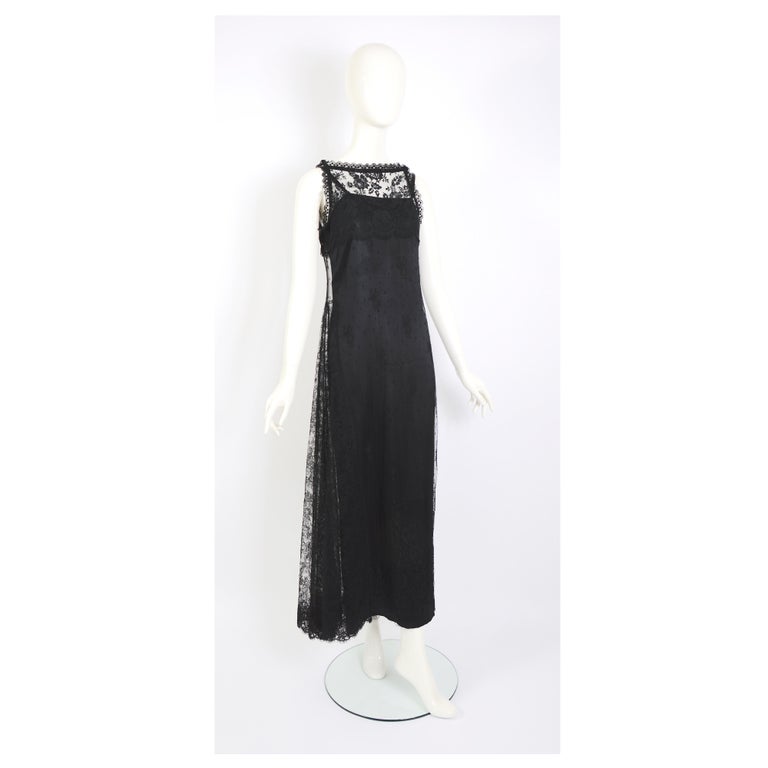 Christian Lacroix vintage 1990s black French Chantilly lace silk long dress For Sale 6
