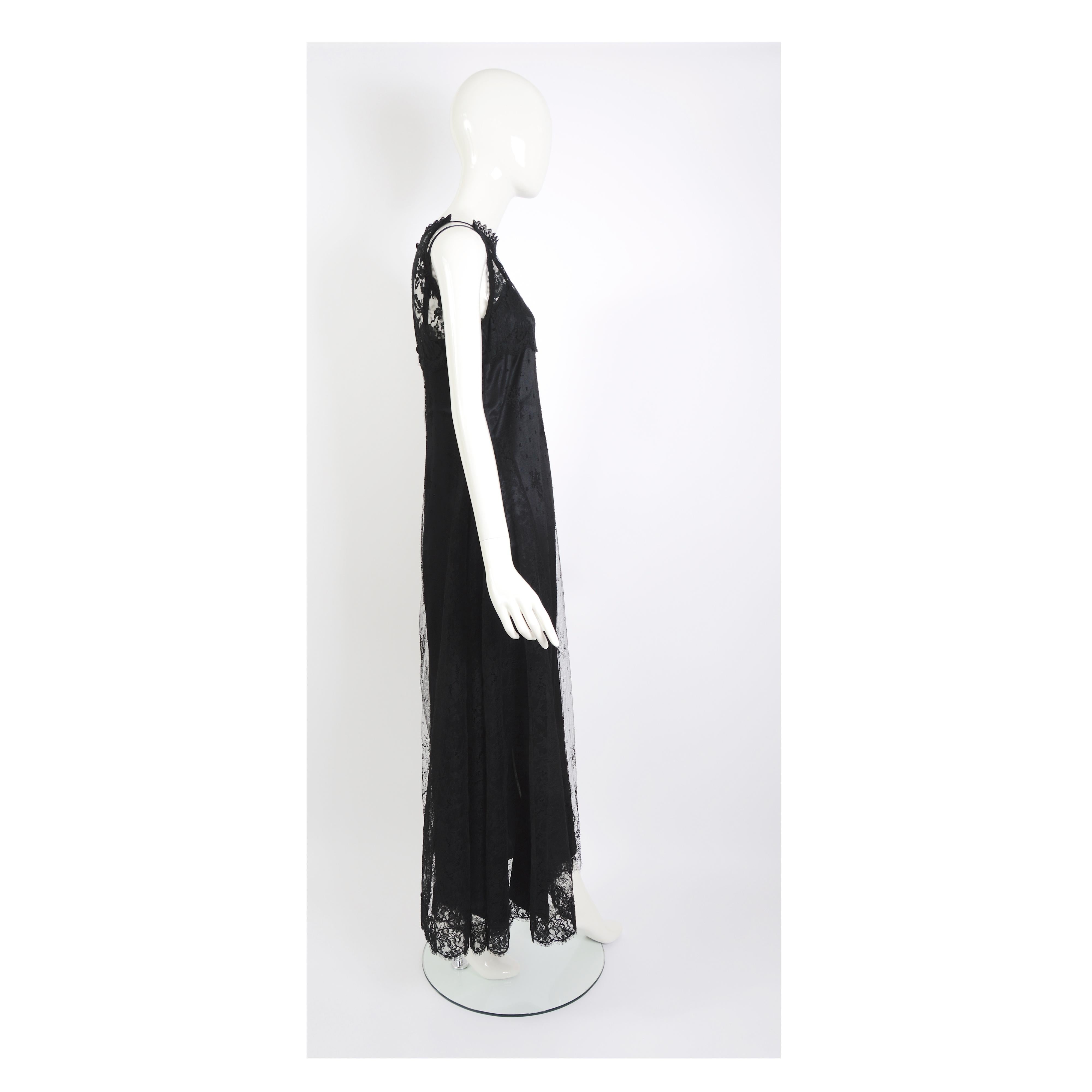 Black Christian Lacroix vintage 1990s black French Chantilly lace silk long dress For Sale