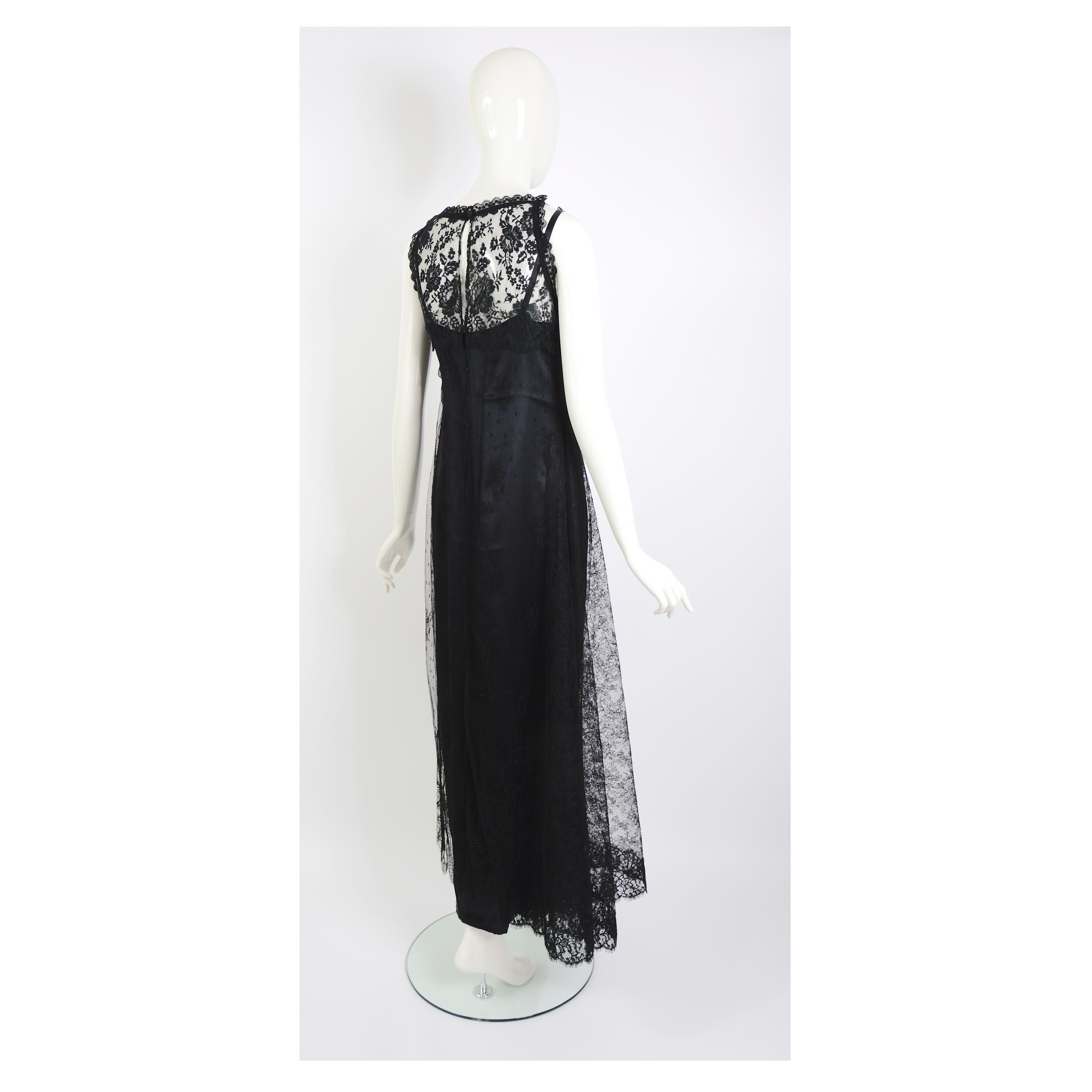 Christian Lacroix vintage 1990s black French Chantilly lace silk long dress In Excellent Condition For Sale In Antwerp, BE