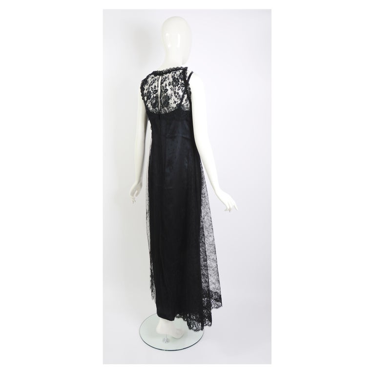 Christian Lacroix vintage 1990s black French Chantilly lace silk long dress For Sale 1