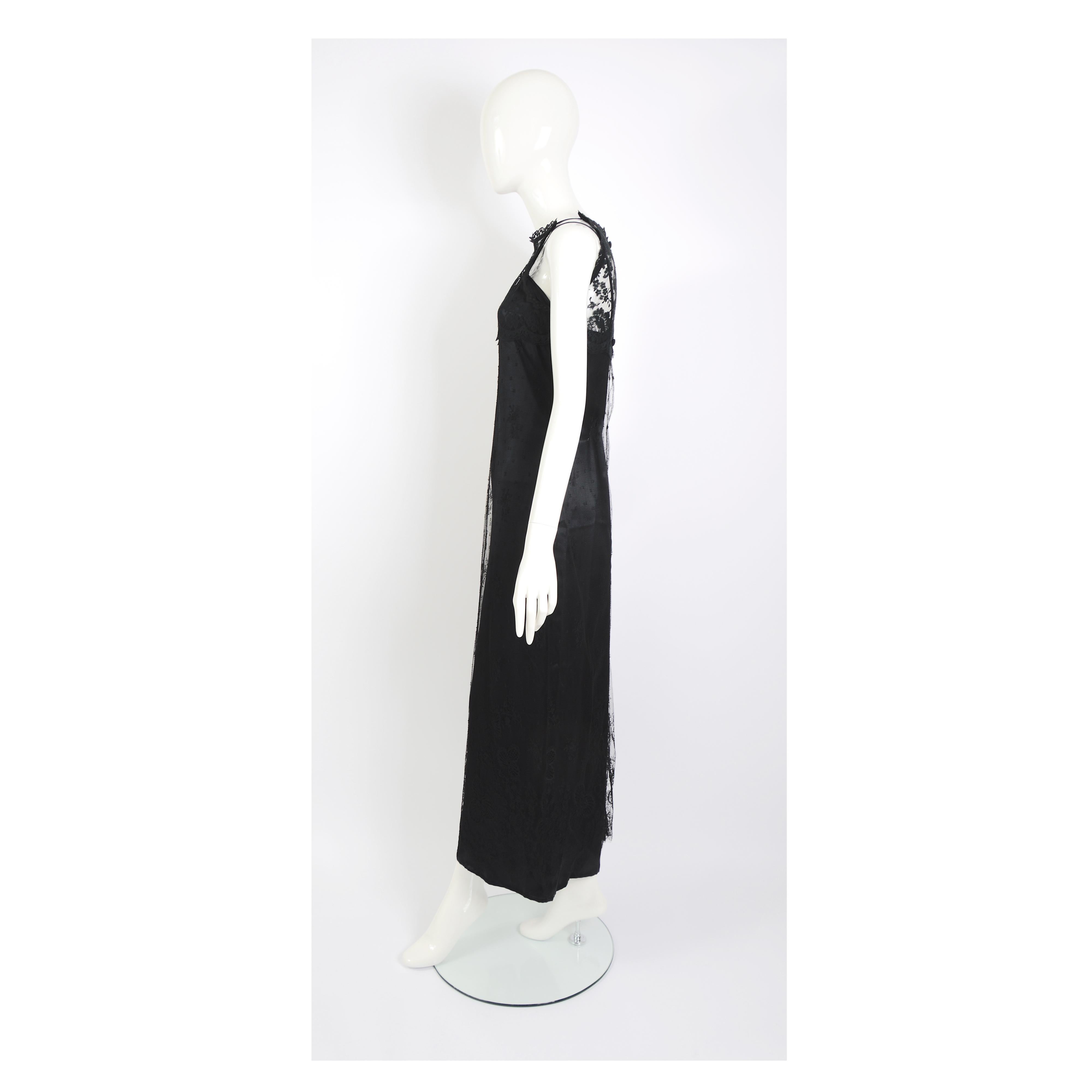 Christian Lacroix vintage 1990s black French Chantilly lace silk long dress For Sale 2