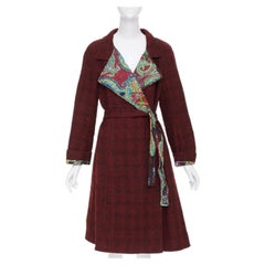 CHRISTIAN LACROIX Vintage 90s burgundy tweed multicolor paisley wrap coat IT38