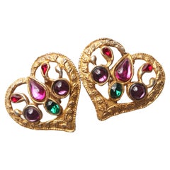 Christian Lacroix Vintage 90s Gold Tone Heart Earrings with Cabochons