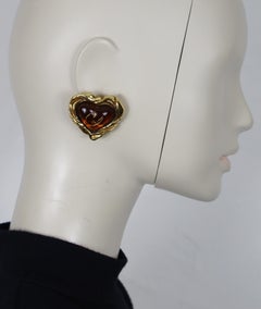 CHRISTIAN LACROIX Vintage Amber Resin CL Logo Heart Clip-On Earrings