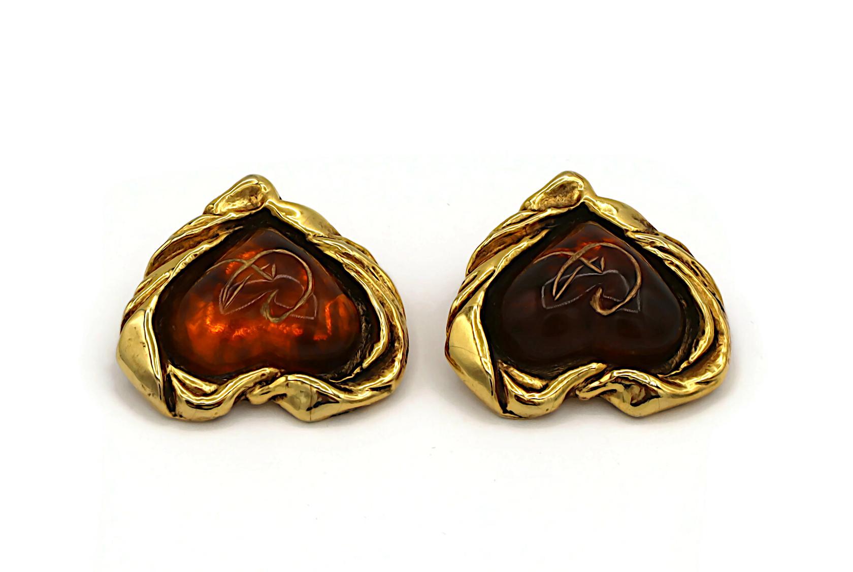 CHRISTIAN LACROIX Vintage Bernstein Harz CL Logo Herz Clip-On Ohrringe im Angebot 2