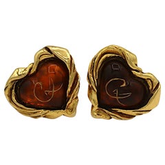 CHRISTIAN LACROIX Vintage Bernstein Harz CL Logo Herz Clip-On Ohrringe