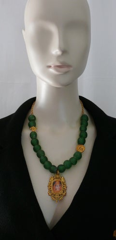 Christian Lacroix Vintage Antique Green Glass Beads and Deity Medallion Necklace