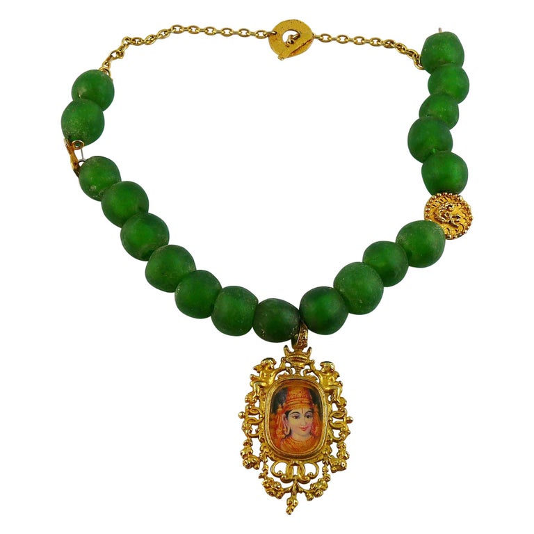Christian Lacroix Vintage Antique Green Glass Beads and Deity Medallion  Necklace For Sale at 1stDibs | vintage green glass bead necklace, beads  necklace designs indian style, green glass beads necklace
