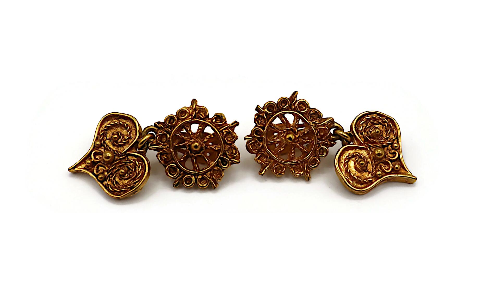 Women's CHRISTIAN LACROIX Vintage Antiqued Gold Tone Heart Dangle Earrings For Sale