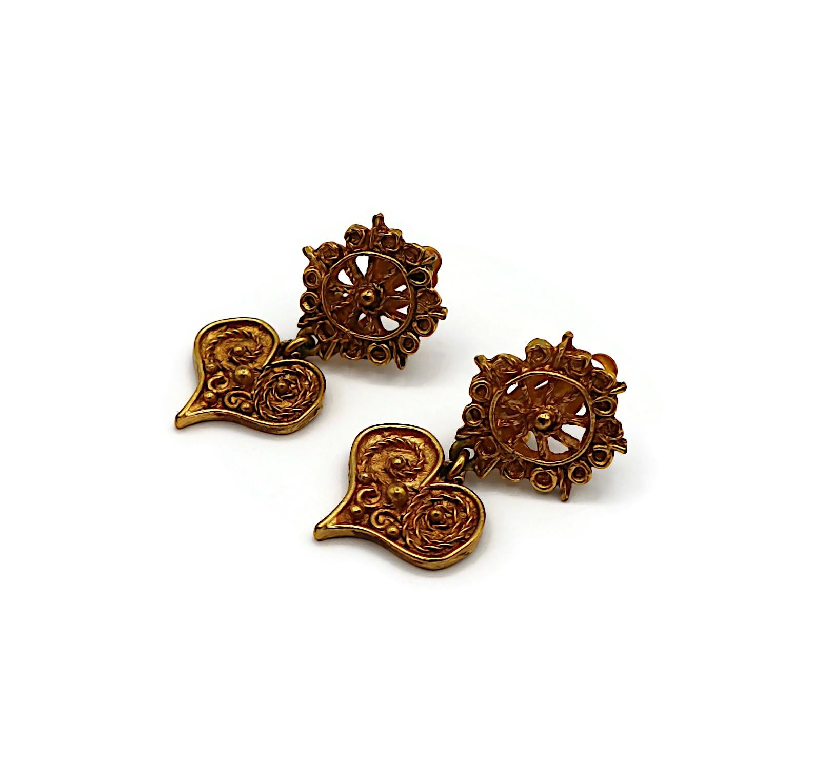 CHRISTIAN LACROIX Vintage Antiqued Gold Tone Heart Dangle Earrings For Sale 1