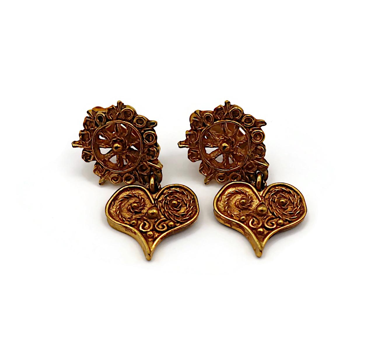 CHRISTIAN LACROIX Vintage Antiqued Gold Tone Heart Dangle Earrings For Sale 2
