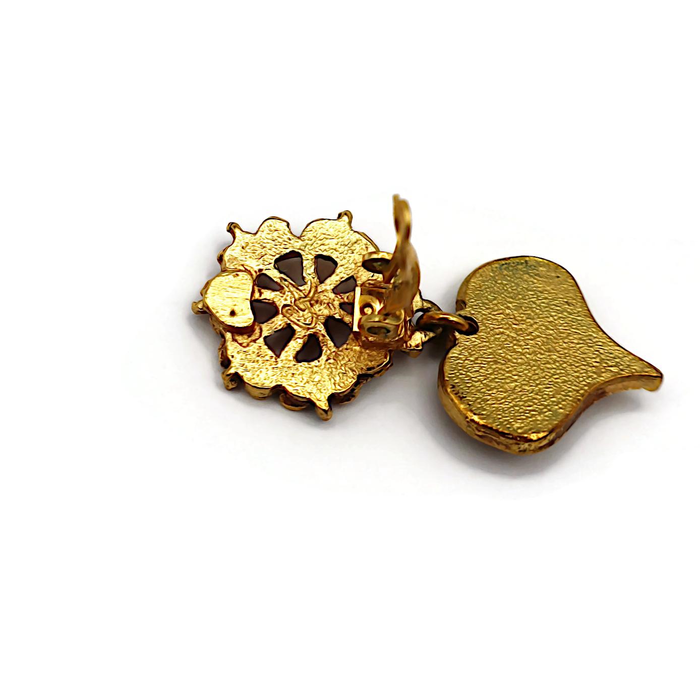 CHRISTIAN LACROIX Vintage Antiqued Gold Tone Heart Dangle Earrings For Sale 4